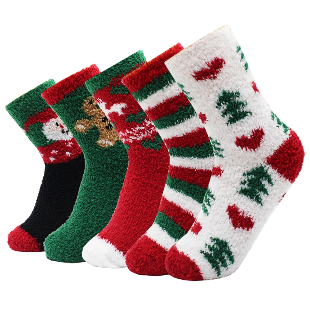 5 Pairs Women's Fleece Socks - Winter Warm Christmas Patterns, Thick & Cozy