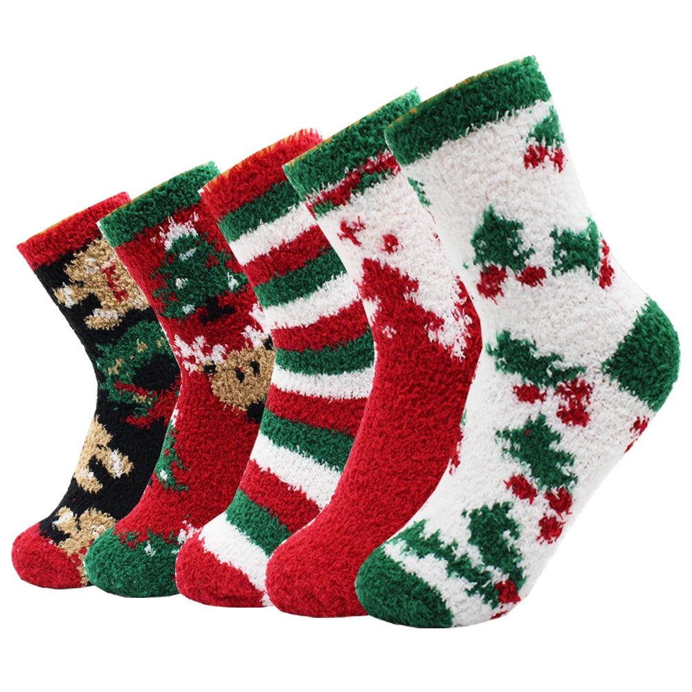 5 Pairs Women's Fleece Socks - Winter Warm Christmas Patterns, Thick & Cozy
