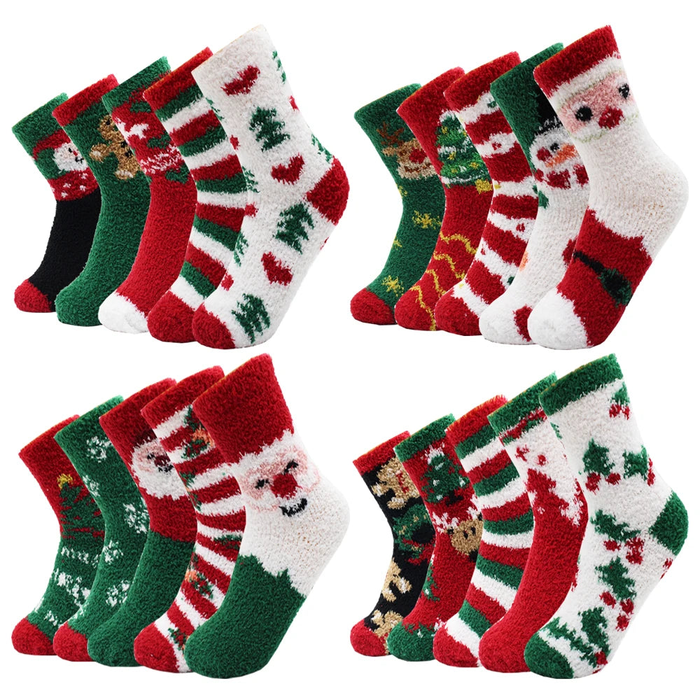 5 Pairs Women's Fleece Socks - Winter Warm Christmas Patterns, Thick & Cozy