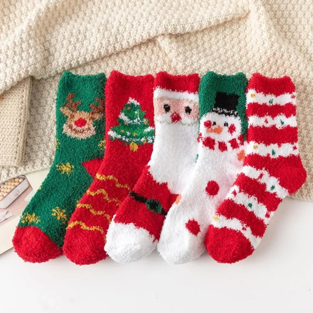 5 Pairs Women's Fleece Socks - Winter Warm Christmas Patterns, Thick & Cozy