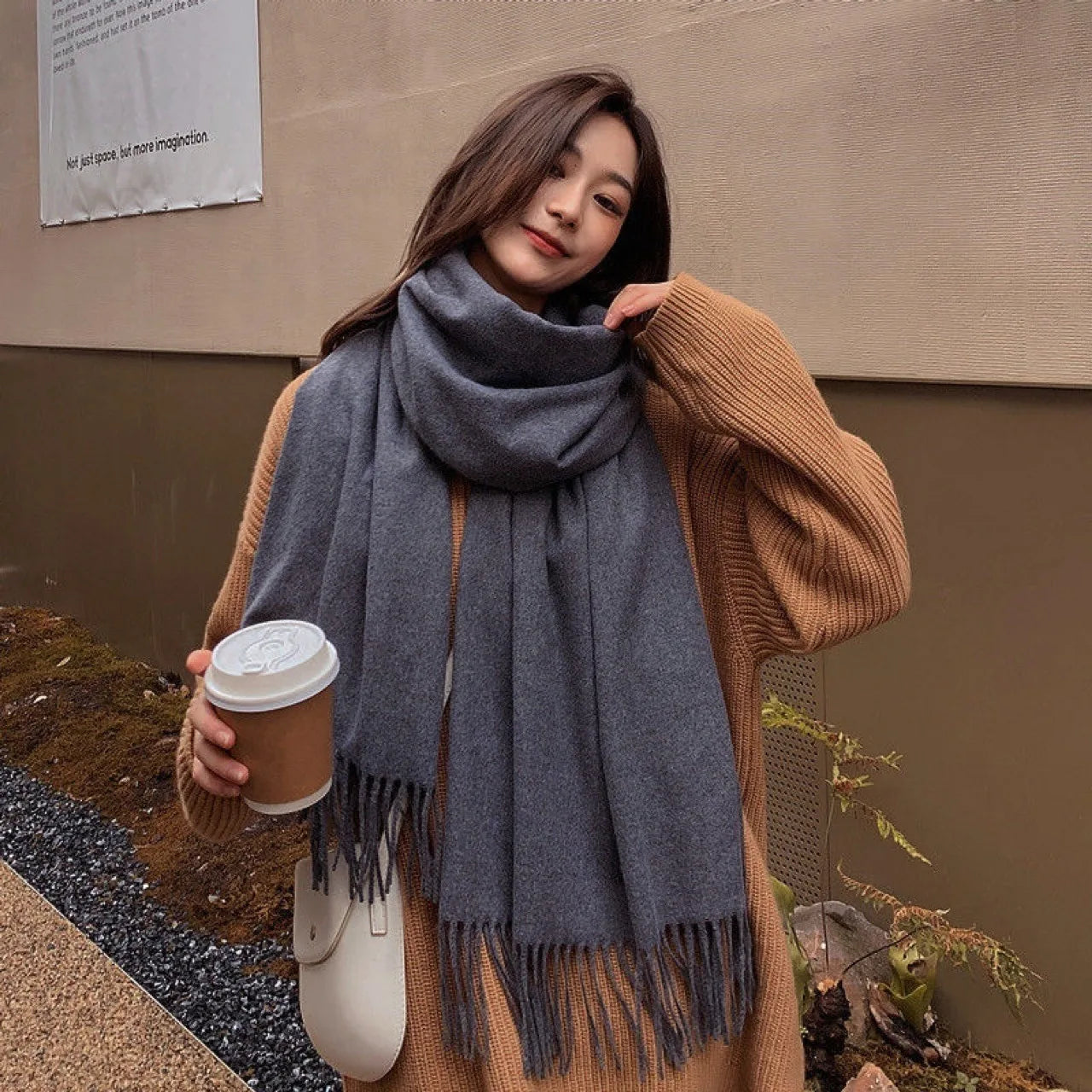 Women's Cashmere Blend Scarf - Winter Warm scarf Checkered Pattern, Black